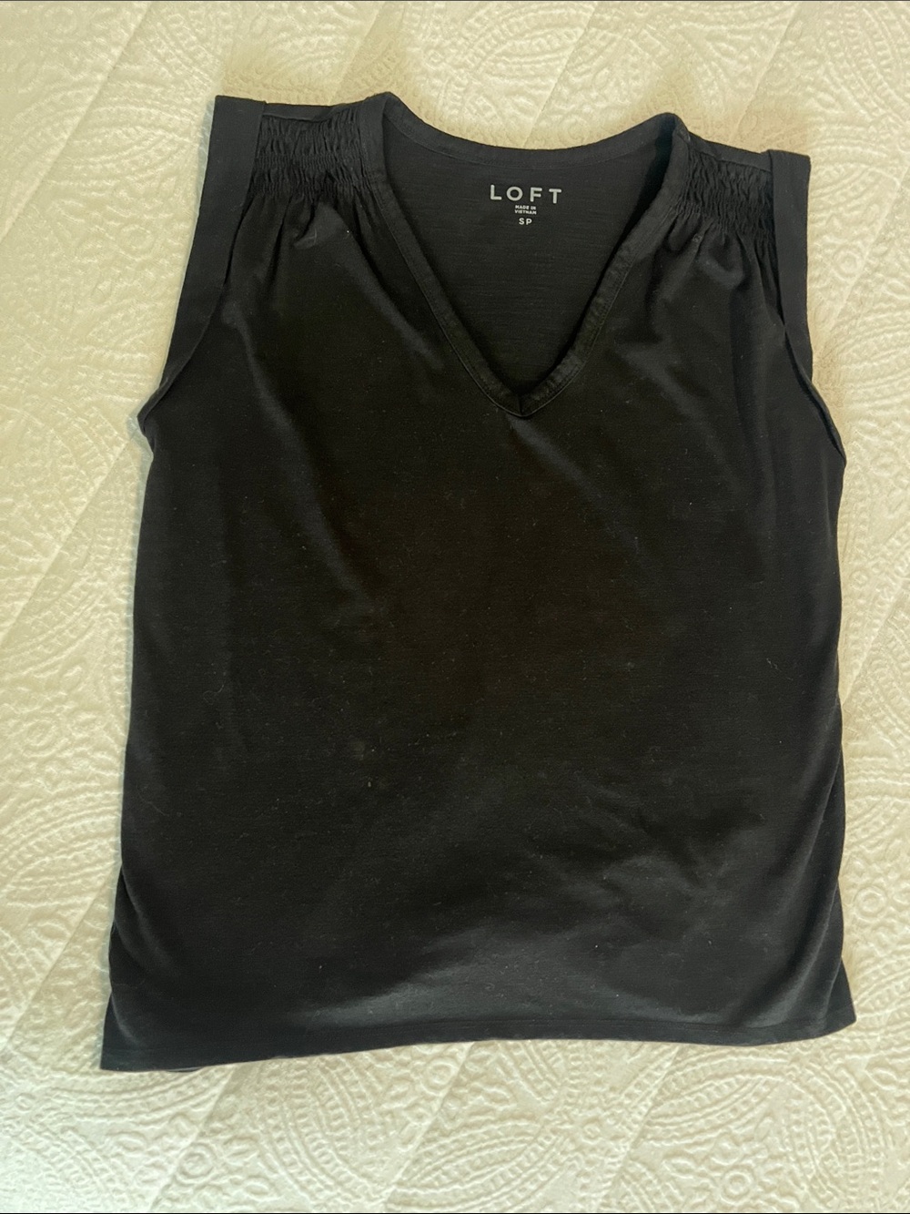 LOFT Black V-Neck Sleeveless Tank with Gathered Shoulders